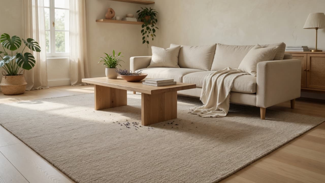 Salón moderno con alfombra a medida colocada bajo sofá y mesa de centro