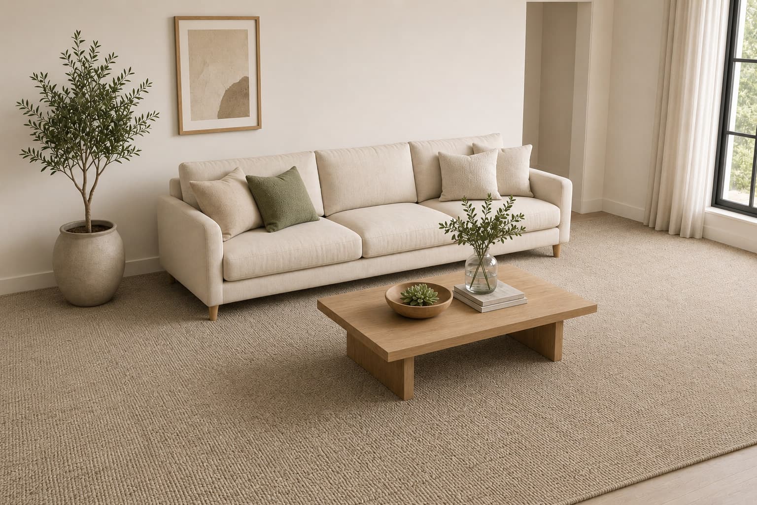 Salón amplio con alfombra a medida bajo todo el sofá y la mesa de centro