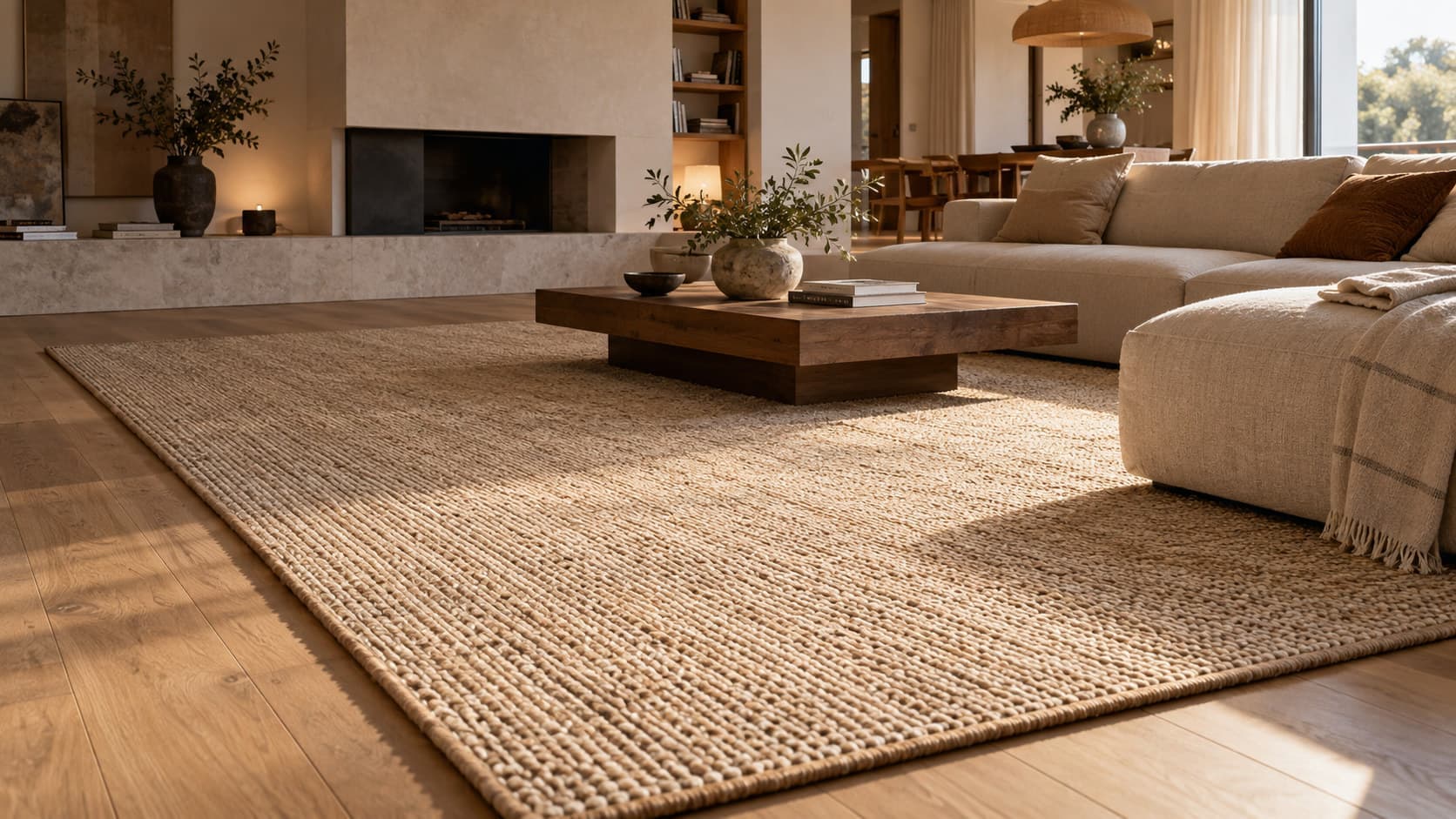 Salón luminoso con una alfombra de fibras tejidas, sofá de lino y mesa de centro de madera