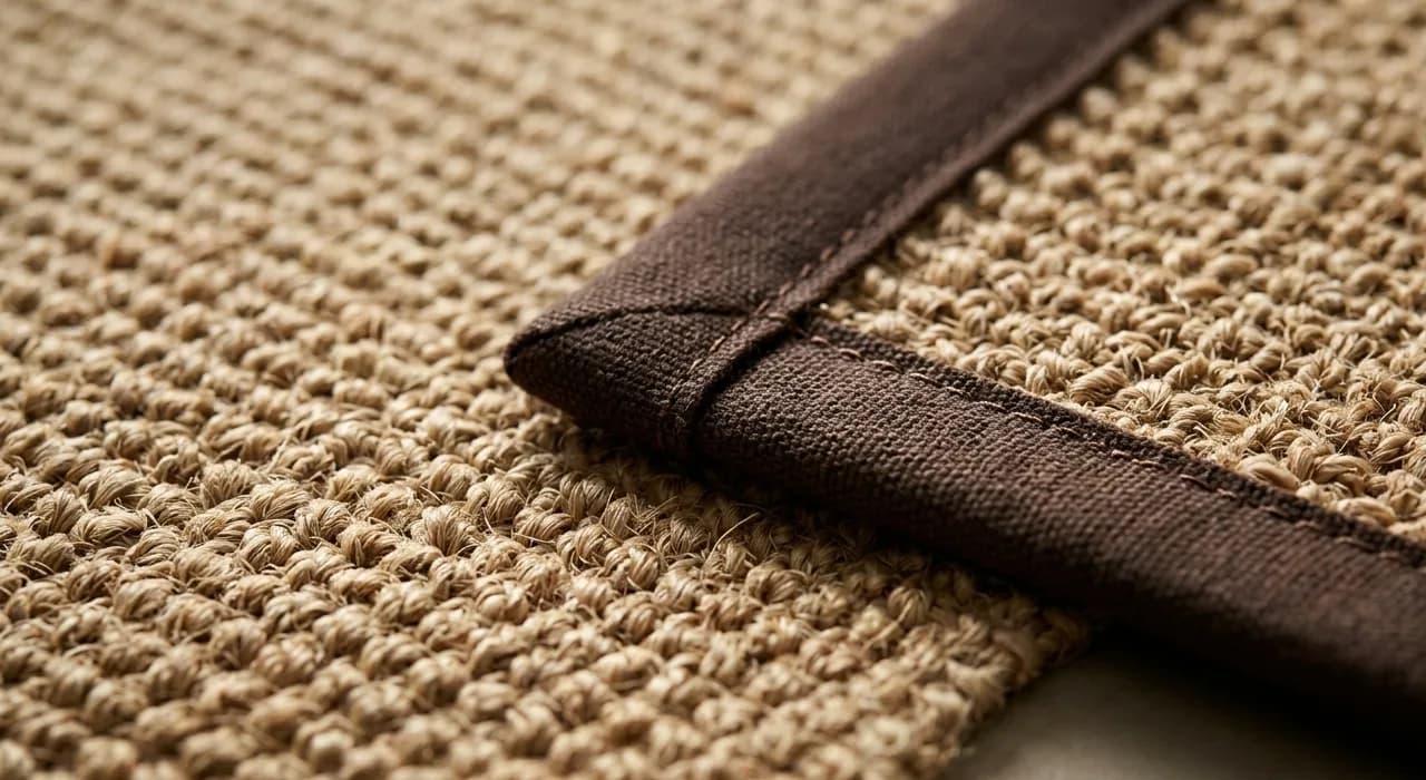 Detalle de textura y acabado perimetral en una alfombra a medida de fibra natural