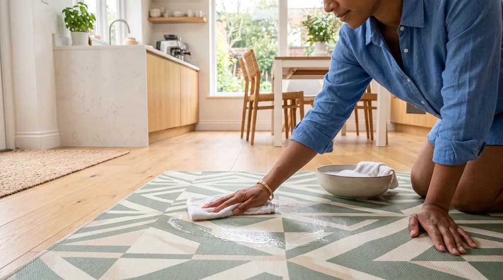 Fregando una alfombra de vinilo lavable con paño y agua jabonosa en una cocina