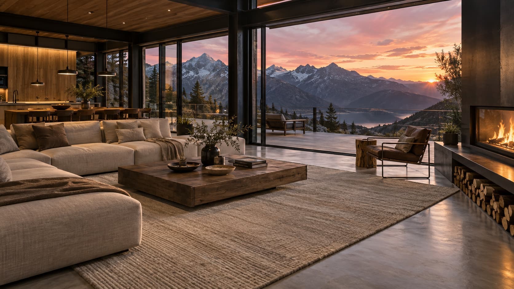 Salón luminoso con una alfombra de fibras naturales y vistas a la montaña al atardecer