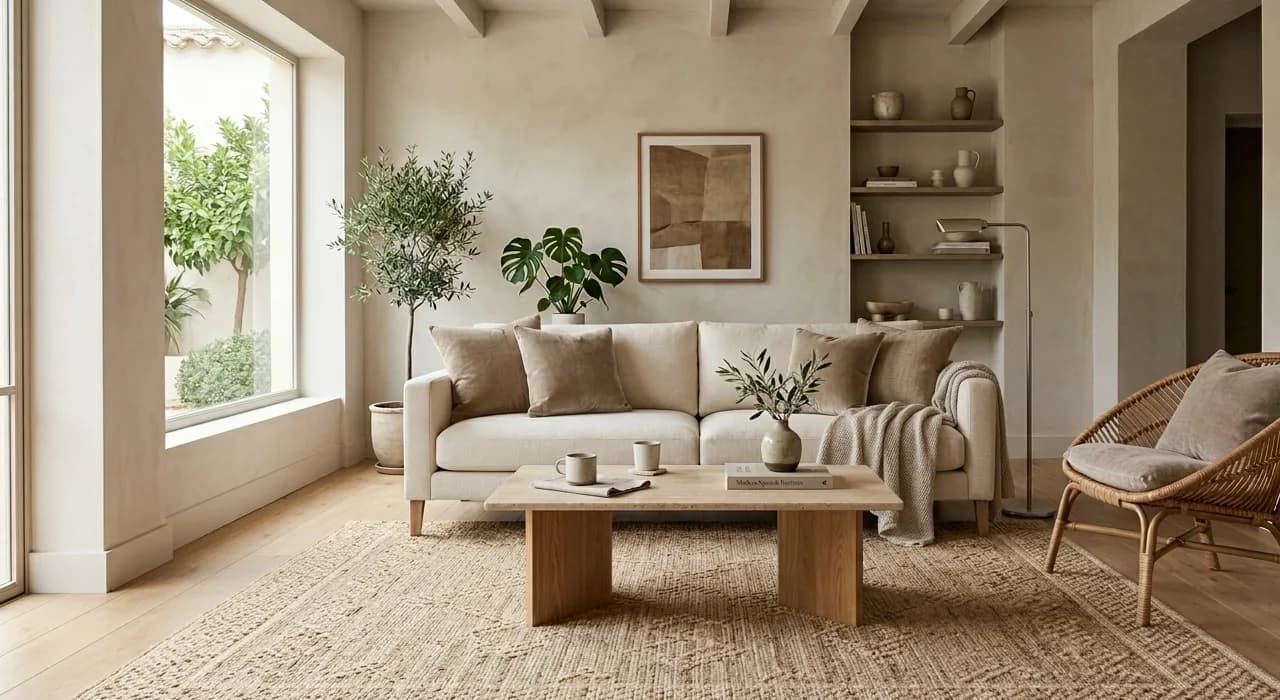 Salon neutro con alfombra a medida de gran formato integrada con sofa y mesa de centro