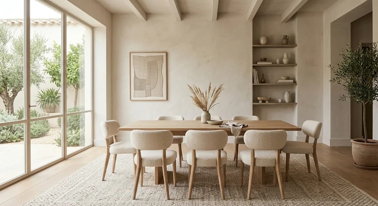 Comedor luminoso con alfombra a medida bajo mesa y sillas en tonos neutros