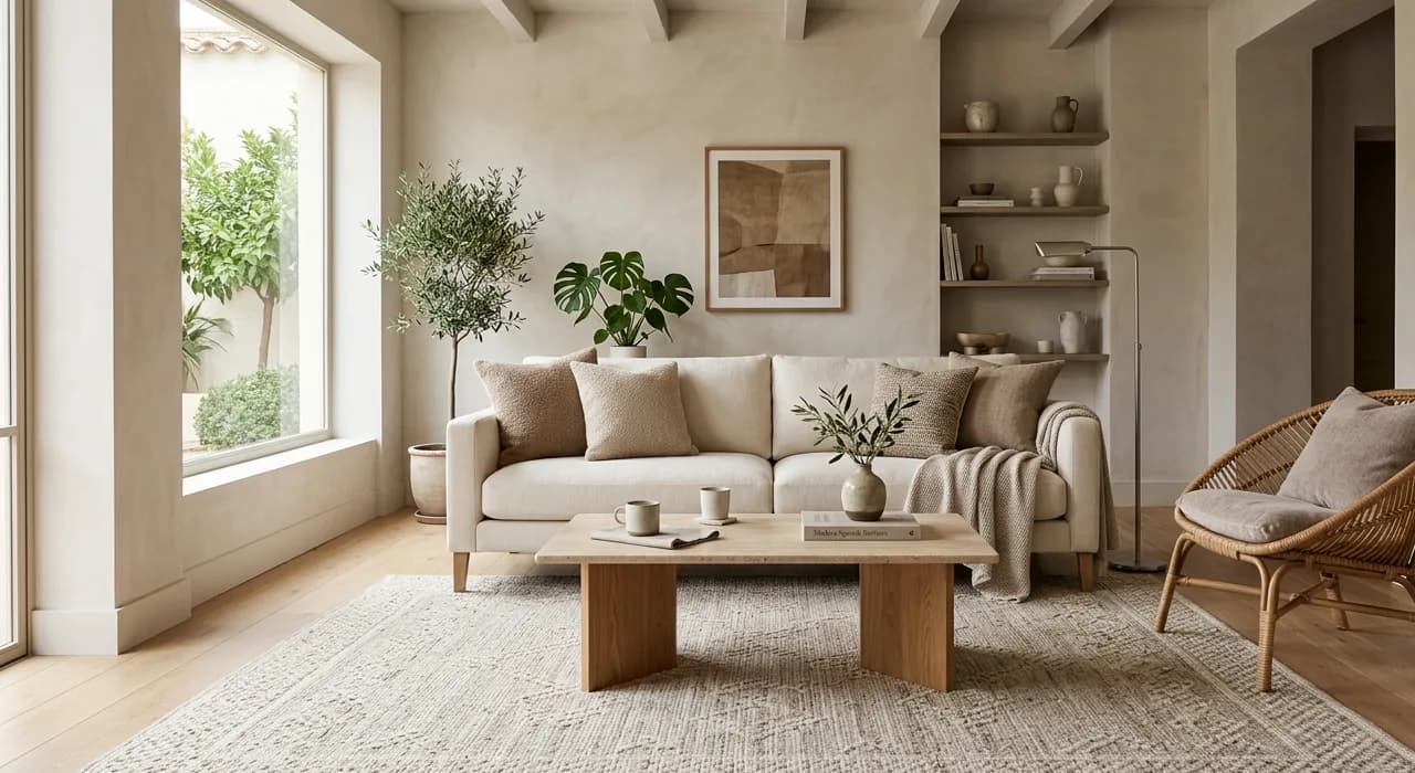 Salon contemporaneo con alfombra a medida bajo sofa, butaca y mesa de centro